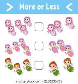 More or less. Educational activity worksheet for kids and toddlers. Hygiene theme. Isolated color vector illustration in cute cartoon style.