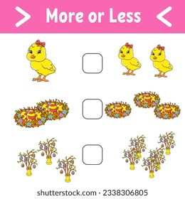 More or less. Educational activity worksheet for kids and toddlers. Vector illustration.
