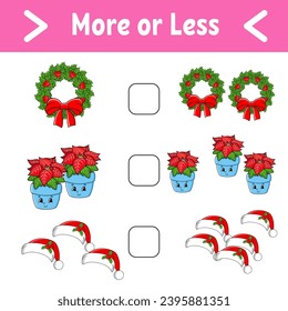 More or less. Educational activity worksheet for kids and toddlers. Vector illustration.