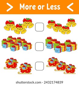 More or less. Educational activity worksheet for kids and toddlers. Vector illustration.