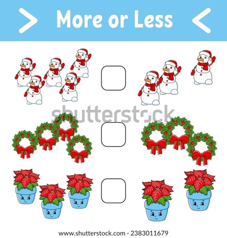More or less. Educational activity worksheet for kids and toddlers. Vector illustration.