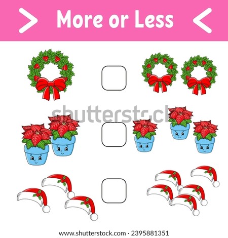 More or less. Educational activity worksheet for kids and toddlers. Vector illustration.