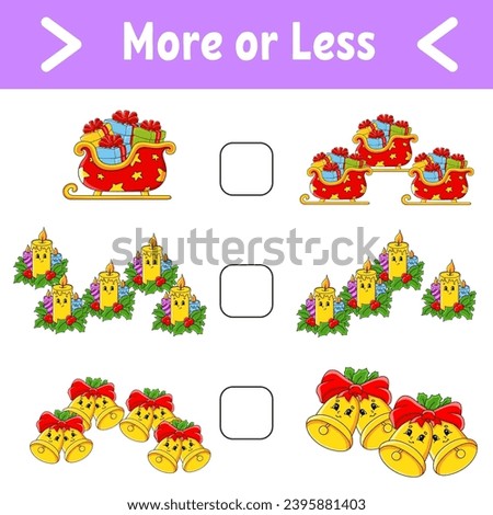More or less. Educational activity worksheet for kids and toddlers. Vector illustration.