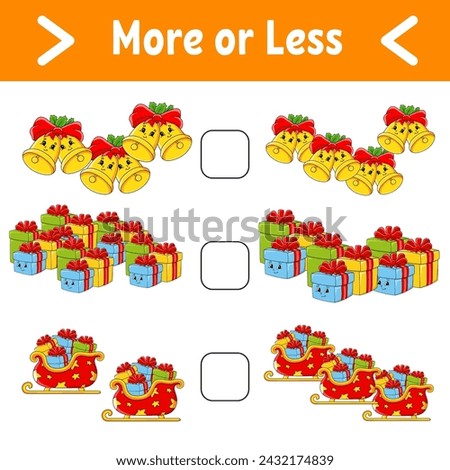 More or less. Educational activity worksheet for kids and toddlers. Vector illustration.