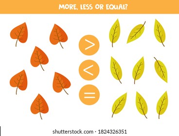 More, less, equal with autumn leaves. Educational math game for kids. Printable worksheet.