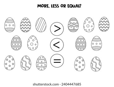 More, less or equal with black and white Easter eggs. Comparison game for children.