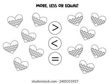 More, less or equal with black and white valentine day hearts. Comparison game for children.