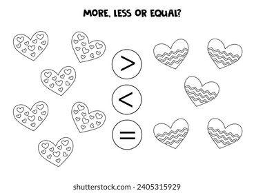 More, less or equal with black and white valentine day hearts. Comparison game for children.
