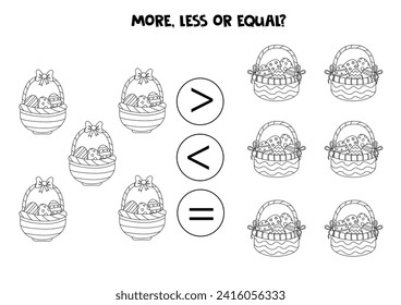 Más, menos o igual a las canastas de Pascua en blanco y negro. Juego de comparación para niños.