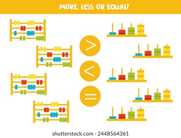 More, less or equal with cartoon abacuses or counting frames. Comparison game for children.