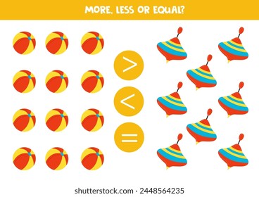 More, less or equal with cartoon balls and spinning tops. Comparison game for children.