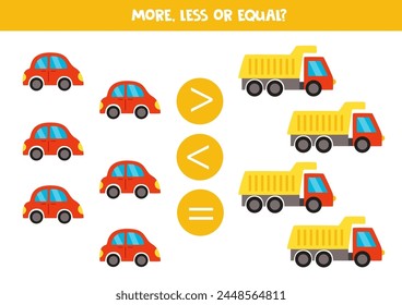 More, less or equal with cartoon cars and trucks. Comparison game for children.