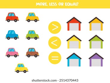 More, less, equal with cartoon cars and garages. Math game for kids.