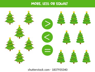 More, less or equal with cartoon Christmas fir tree. Educational math game fir kids.