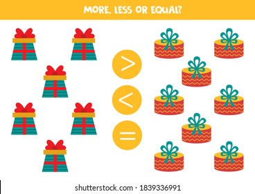 More, less, equal with cartoon Christmas gift boxes. Math equation for kids.