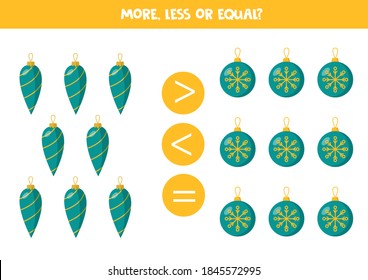 More, less or equal with cartoon Christmas balls. Educational math game for kids.