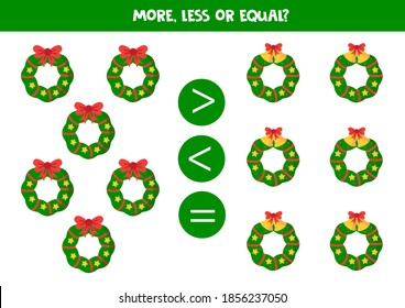 More, less or equal with cartoon Christmas wreaths. Comparison game for children.
