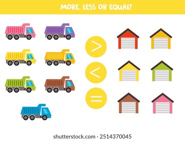 More, less, equal with cartoon colourful trucks and garages. Math game for kids.