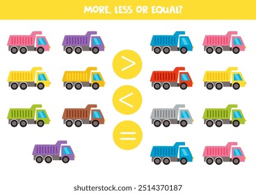 More, less, equal with cartoon colourful trucks. Math game for kids.