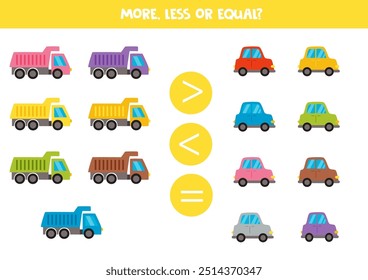 More, less, equal with cartoon colourful trucks and cars. Math game for kids.