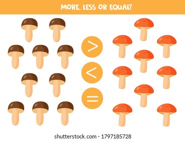 More, less or equal with cartoon forest mushrooms. Educational math game for kids. Solve the task. Printable worksheet for kids.
