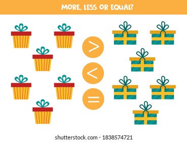 More, less or equal with cartoon gift boxes. Educational math game for kids.