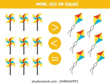 More, less or equal with cartoon kites and pinwheels. Comparison game for children.