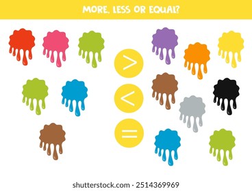 More, less, equal with cartoon paint splashes. Math game for kids.