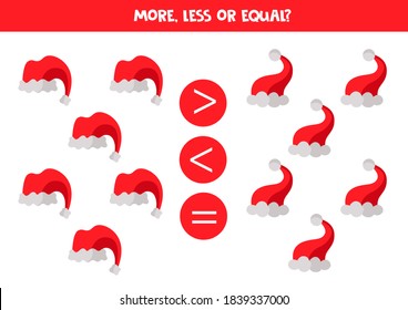 More, less, equal with cartoon red Santa Claus hats.  Math equation for kids.