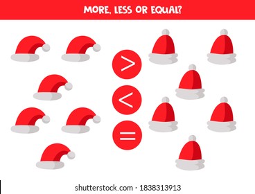 More, less or equal with cartoon Santa Claus hats. Educational math game fir kids.