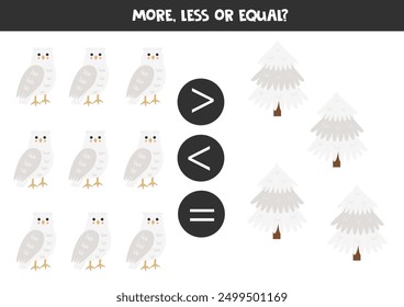 More, less, equal with cartoon white owls and snowy fir trees. Math game for kids.