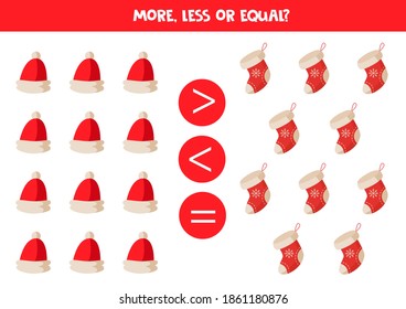 Más, menos, igual a las medias y gorras de Navidad. Juego matemático.