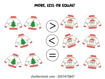 More, less, equal with Christmas sweaters. Math comparison.