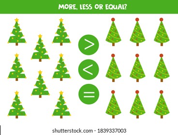 More, less or equal with Christmas trees. Educational math game for kids.