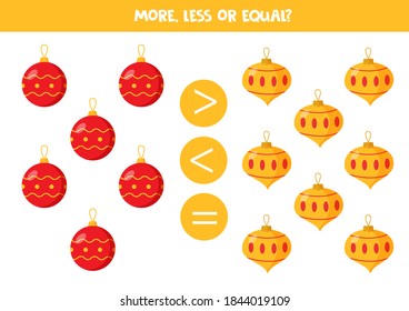 More, less or equal with colorful Christmas balls. Educational math game for kids.