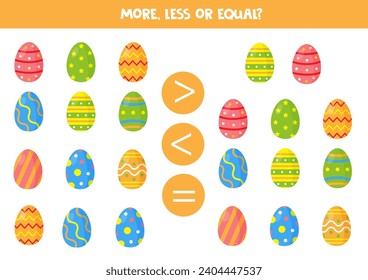 More, less or equal with colorful Easter eggs. Comparison game for children.