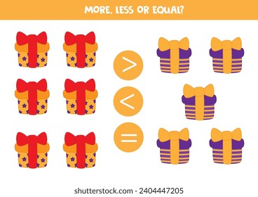 More, less or equal with colorful presents. Comparison game for children.