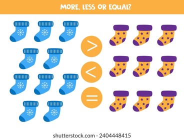 More, less or equal with colorful winter socks. Comparison game for children.