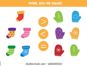 More, less or equal. Compare and count the amount of colorful socks and mittens.