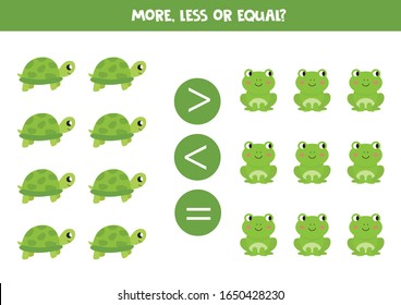 More, less or equal. Compare the number of green turtles and frogs. Educational game for kids.