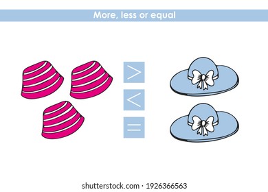 More, less or equal, compare the number of hats. Counting game. Educational math game for children. Practice worksheet for preschoolers. Vector illustration.