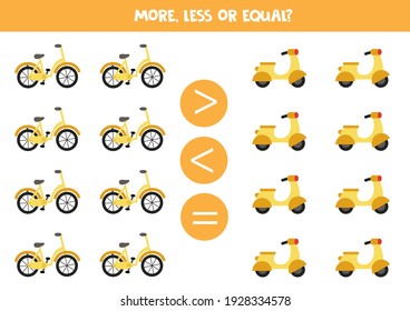 More, less or equal, compare the number of bicycles and mopeds.