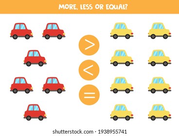 More, less or equal, compare the number of colorful cars.