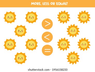 More, less or equal, compare the number of cute suns.