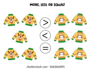 More, less or equal, compare the number of ugly Christmas sweaters.