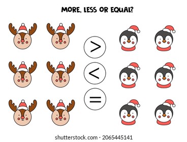 More, less or equal, compare the number of penguins and reindeers.