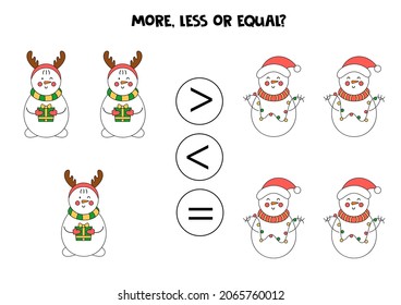 More, less or equal, compare the number of Christmas snowmen.