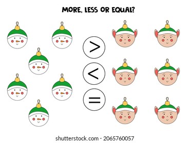 More, less or equal, compare the number of christmas balls.