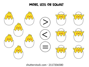 More, less or equal, compare the number of toy pyramids.