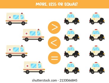 More, less or equal, compare the number of ambulance cars and police cars.